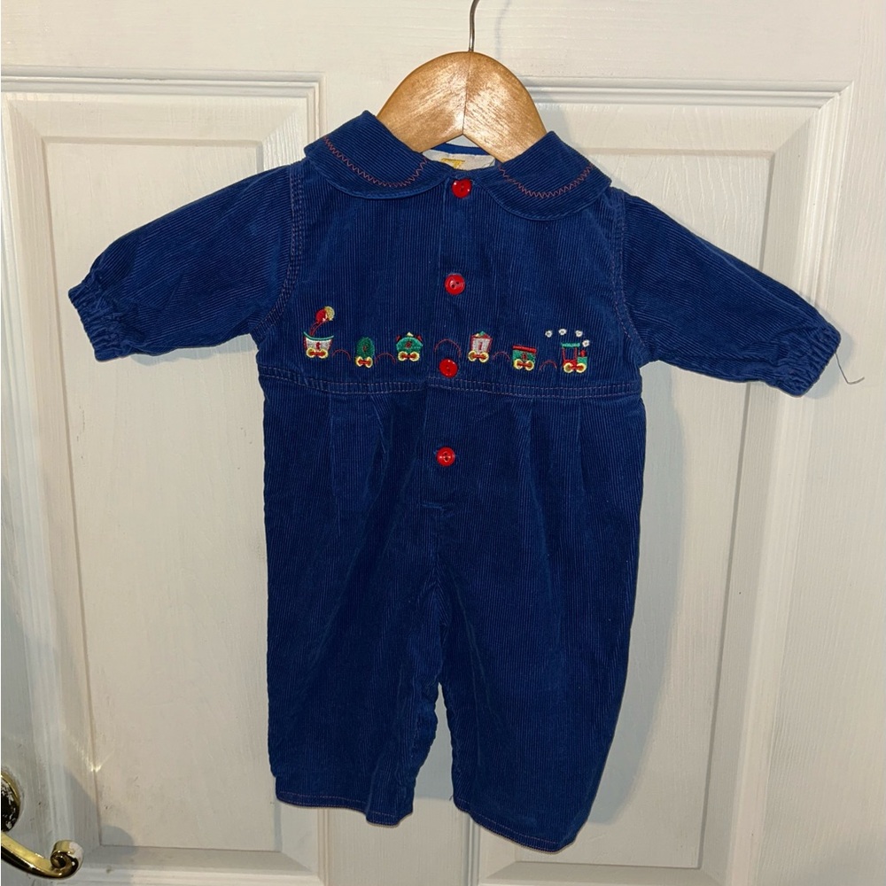Vintage Tiny Tots  Blue Corduroy Baby Romper with Train Embroidery